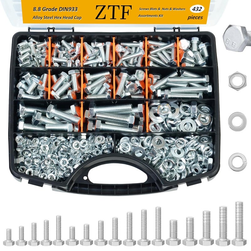 ZTF 432pcs Nuts and Bolts Assortment Kit,M6 M8 M10 Heavy Duty Bolts and Nuts Kit, M6x1.0 M8x1.25 M10x1.25 (12mm to 45mm) Hex Bolts and Nuts Kit, Fully Threaded Machine Screw Sets - Image 1